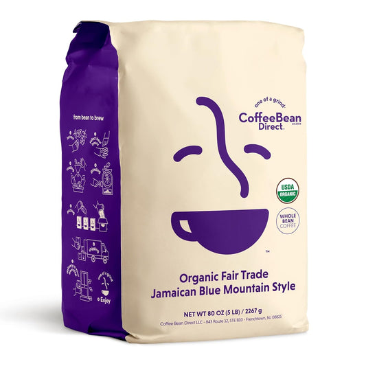 Coffee Bean Direct Organic Fair Trade Jamaican Blue Mountain Style, Whole Bean Coffee, Light Roast, 5 Pound Bag (Pack of 1)