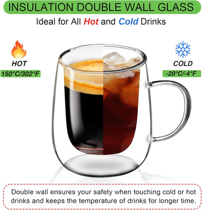 Glass Coffee Cups Set of 2, 13oz Double Walled Glass Mugs with Handles, Clear Insulated Coffee Mug Espresso Cups, Cappuccino Latte Tea Cups Set, Heat Resistant Borosilicate Clear Glasses
