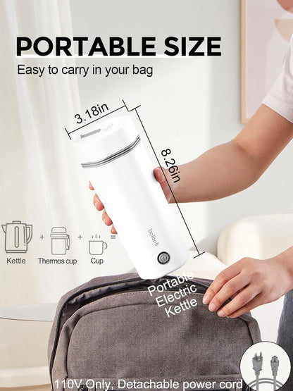 balbali Travel Kettle - 12oz Portable Electric Kettle for Boiling Water - Self Heating Cup/Thermos - Single Size Personal Tea Maker -Hot Water Boiler/Heater/Warmer - White