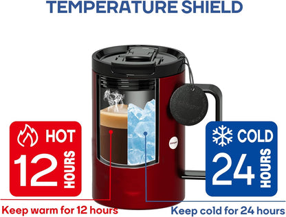 Sidagar+ 18 OZ z Stainless Steel Insulated Coffee Mug with Handle and Lid, Double Wall Vacuum Travel Mug, Tumbler Cup with Sliding Lid, Resuable Insulated Coffee Tumbler, Red