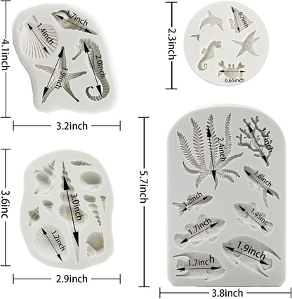 MEMOVAN Marine Theme Silicone Fondant Mold 4pcs Under the Sea Cake Mold Hippocampus Seaweed Sea Fish Crab Coral Conch Sea Shell Silicone Chocolate Mold for DIY Ocean Theme Cake Cookie Chocolate Candy