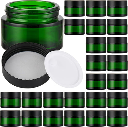 Glass Jars with Lids,Eco-Friendly Cosmetic Containers with Airtight Black Lids & Liners, Multi-Color Options for Cream, Lotion, Body Butter, DIY Skincare Travel Jars (Green, 1oz)