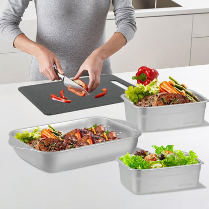 4 Pcs Grill Prep Trays Set Stainless Steel Grilling Prep And Serve Trays 2 Marinade Container with Lids and Cutting Board for Vegetables, Fish, Plating Food & BBQ Prep Tub