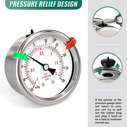 -30inHG-30PSI Stainless Steel Liquid Filled Pressure Gauge, 2.5" Dial Size, 1/8" NPT Back Mount, for Tube, Water Pump, Gas, Liquid, Pressure Test (with Range Mark Pointer)