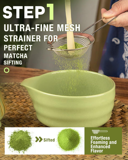 Matcha Whisk Set - 5PCS Matcha Set Includes 17OZ Chawan with Spout, Bamboo Chasen Whisk with Ceramic Holder, Mat cha Scoop and Stainless Sifter, Matcha Kit for Ceremony, Gift for Matcha Lovers