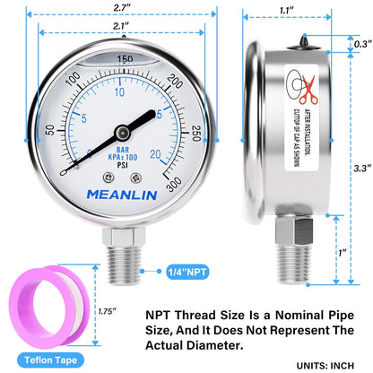 MEANLIN MEASURE 0~300Psi Liquid Filled Pressure Gauge Stainless Steel with 316 Stainless Steel Joint 1/4" NPT 2.5" FACE DIAL for Air Compressor Air Regulator Water Filter Center Lower Mount