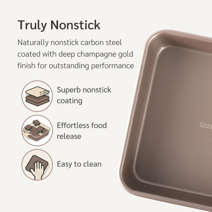 Nonstick 9x9 Baking Pan | PFOA & BPA Free Non Toxic 9 x 9 Inch Cake & Brownie Pan | Best Nontoxic Square 9x9 inches Pans for Baking | Non Stick Carbon Steel Gold Baking Ware