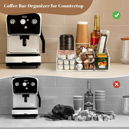 BEYGORM Acrylic Coffee Bar Station Organizer for Countertop,Office Breakroom Clear Snack Tea Storage Accessories Holder for Kcup Pod Condiment Cup Sugar Creamer Syrup, Coffee Gift for Coffee Lovers