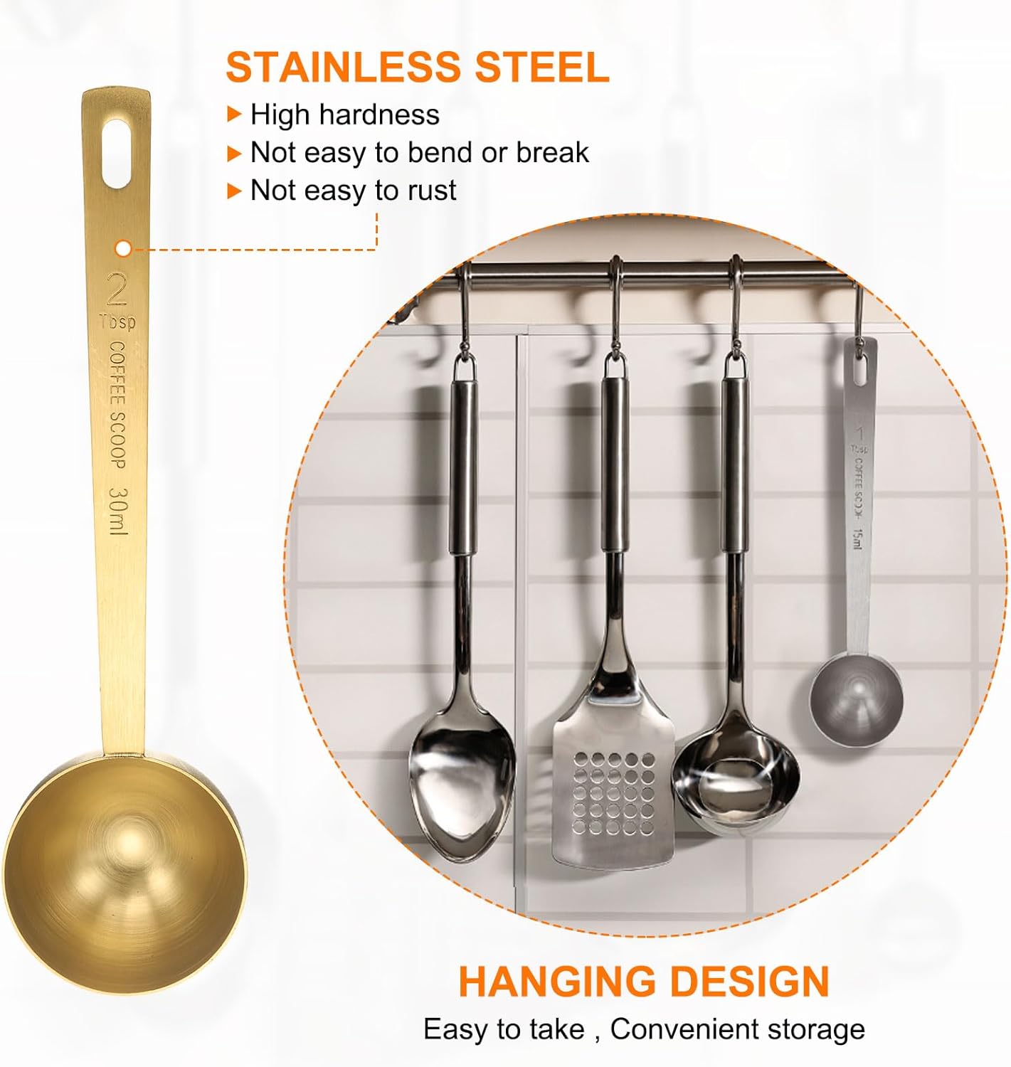 HARFINGTON 2pcs Coffee Scoop Spoon 2tbsp (6tsp, 30ml) 304 Stainless Steel Long Handle Teaspoon/Tablespoon Measuring Spoons Scoops for Tea Sugar Kitchen, Gold