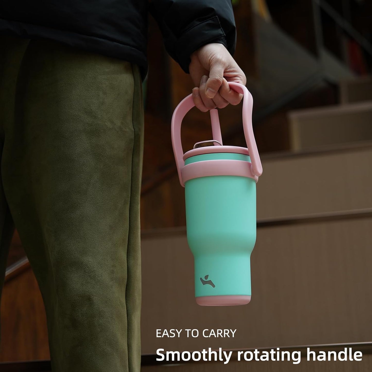 40 oz Tumbler with Side Handle, Insulated Water Bottle with Straw and 2 in 1 Lid, Stainless Steel Cup Travel Coffee Mug for Sports Office Gym,Green