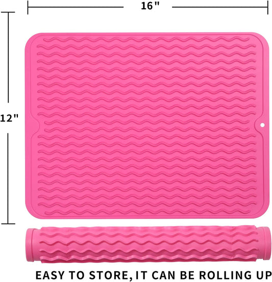 Silicone Dish Drying Mat for Multiple Usage,Easy clean,Eco-friendly,Heat-resistant Silicone Mat for Kitchen Counter or Sink,Refrigerator or drawer liner Rose L 16 inches x 12 inches
