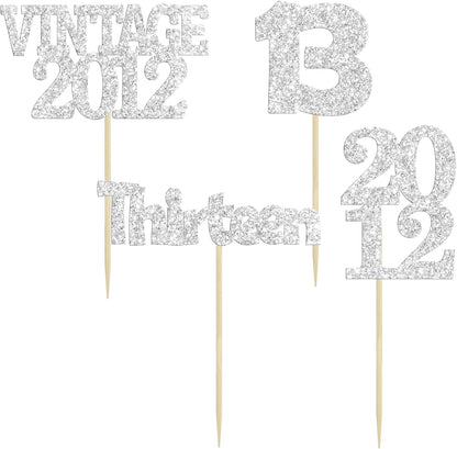 Gyufise 24Pcs 13th Birthday Cupcake Toppers Glitter Thirteen Vintage 2012 Hello 13 Years Birthday Cupcake Picks Official Teenager 13 Cake Decorations for Happy 13th Anniversary Party Silver