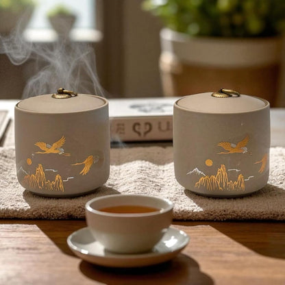 Bare & Balanced Premium Ceramic Tea Canister Set – Handcrafted Storage Jars with Airtight Lids | Crane & Mountain Design | Ideal for Tea, Coffee, Spices | Gift-Ready Box (Light beige)