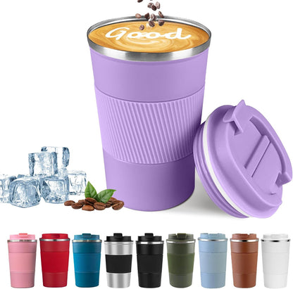 YINBAOGE Insulated Travel Coffee Mug Spill Proof Leak Proof Pobtable To Go Camping Stainless Steel Coffee Tumbler Reusable Coffee Cups with Lids Thermos for Hot and Cold Drink (Purple, 12 OZ)