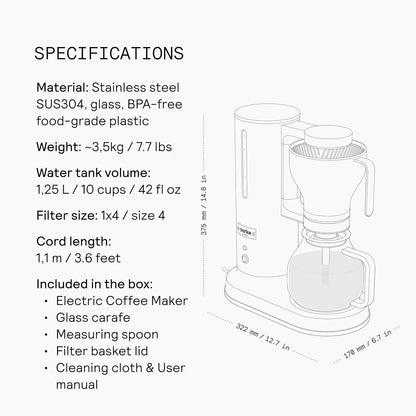 aarke Coffee Maker - Electric Drip Brewer with Automatic Drip-Stop, SCA-certified, Stainless Steel with 10 Cup/ 42 fl oz, Glass Carafe, Brews Full Pot in Under 6 Minutes