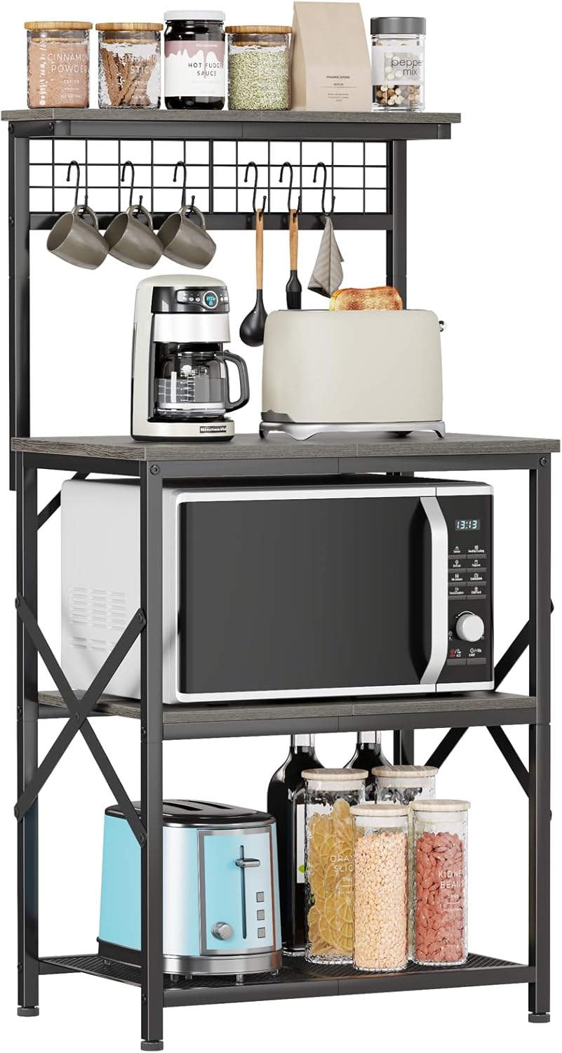 Furologee Kitchen Bakers Rack, Microwave Stand with Storage 4 Tiers, Coffee Bar Station with 6 S Hooks and Pegboard, Kitchen Shelves Rack for Spices, Pots, Black Oak