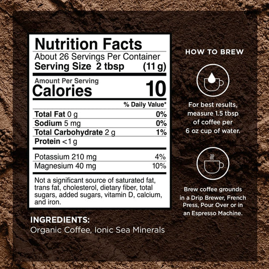 VitaCup Mineral Coffee with Trace Minerals, Hydrate, Replenish & Restore w/All Natural Sea Minerals, Electrolytes, Organic Coffee, Single Origin, Medium Dark Roast, Ground Coffee, 2 Bags 10oz Each