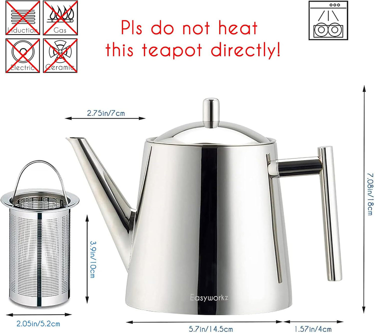 Easyworkz Stainless Steel Double Wall 34 oz Tea Pot with Removable Tea Infuser, Perfect for Brewing Your Favorite Tea, Chrome