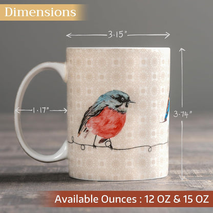 Maison d' Hermine Coffee Mug with Handles Fine Bone China Mugs Pack of Two Tea Cups for Hot Beverages Cappuccino Latte Home Restaurant Office Perfect for Gift (Birdies On Wire, 12 Ounce)