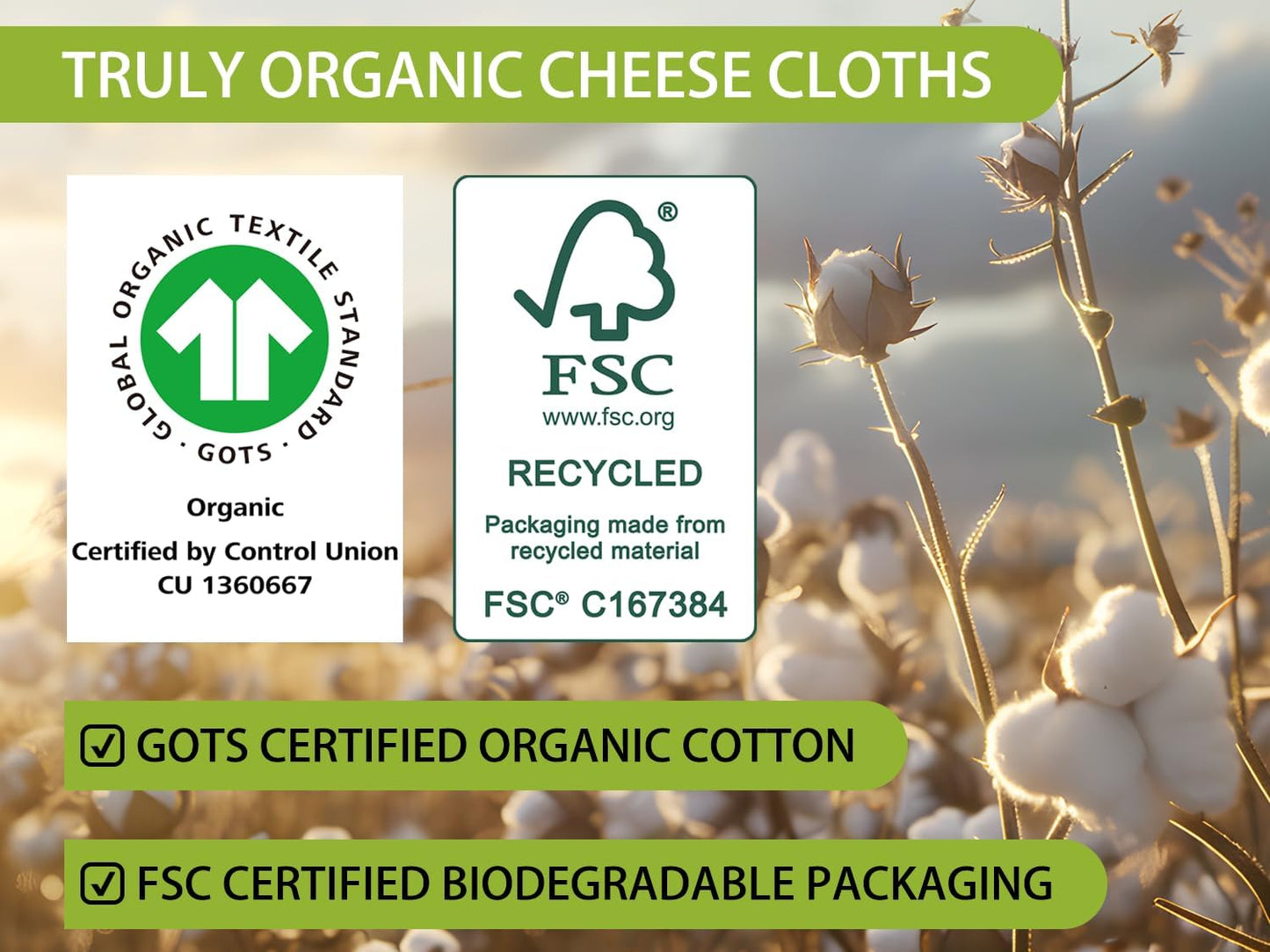 Organic Cheese Cloths, GOTS Certified, 8PCS, Grade 100, 20x20Inch Hemmed Cheese Cloth Fabric Reusable Fine Mesh Cloth, 100% Cotton Unbleached Muslin Cheesecloth for Straining, Cooking, Baking, Cheese