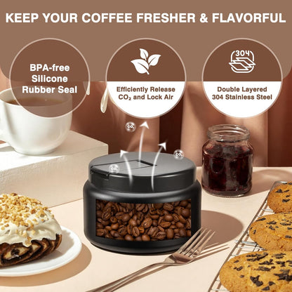 Coffee Canister, Premium Stainless Insulated Vacuum Steel Coffee Bean Storage Container Travel Jar, Kitchen Food Airtight Coffee Grounds Container for Tea, Sugar, Flour (13.5oz-Black)