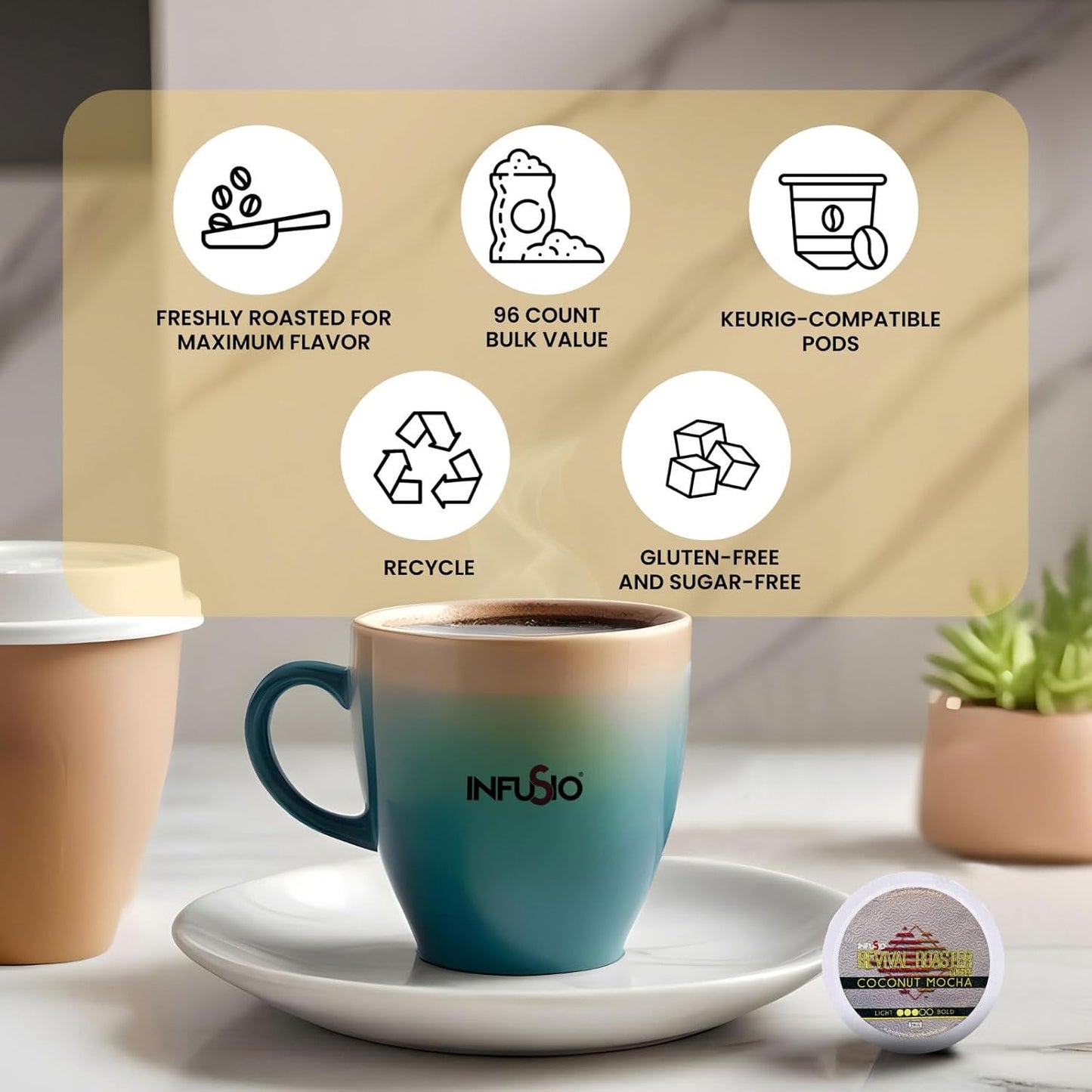 InfuSio Coffee Pods – 96 Count, Coconut Mocha (Flavored Coffee) Single Serve Coffee Pods for Keurig K Cup® Brewers, Compatible with Keurig 2.0 Brewers