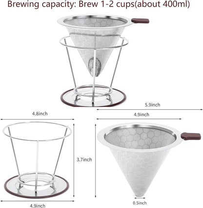 Pour Over Coffee Dripper Stainless Steel Coffee Filter Metal Cone Filter Paperless Reusable Single Cup Maker 1-2 Cup With Non-slip and Removable Cup Stand