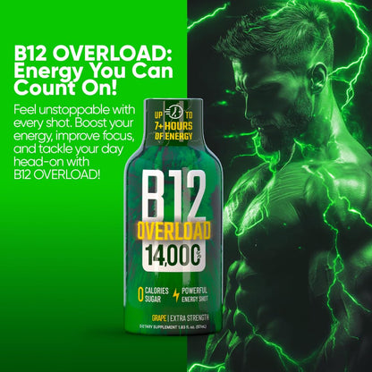 B12 Overload Extra Strength Energy Shot – Grape – 260mg Caffeine, 14000% B12, Electrolytes – Energy & Vitality Support – Zero Sugar No Calories – Vegan, Kosher, Gluten-Free – 1.93 fl oz, 12-Pack