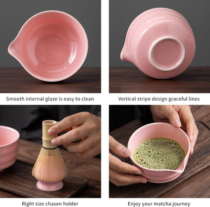 Matcha Set, Matcha Whisk Set Includes Matcha Bowl with Spout, Bamboo Whisk, Matcha Whisk Holder, Sifter, Scoop, Spoon Holder, Tea Towel- 7pcs Perfect Matcha Kit for Matcha Tea Ceremony (Pink)