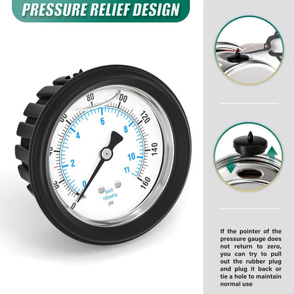 0-160PSI Stainless Steel Liquid Filled Pressure Gauge, 2.5" Dial Size, 1/4" NPT Back Mount, with Rubber Protective Sleeve, for Tube, Water Pump, Gas, Liquid, Pressure Test