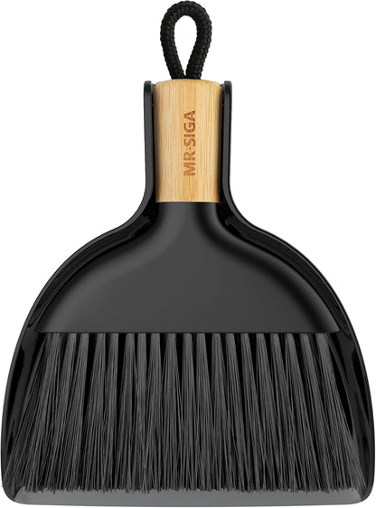 MR.SIGA Mini Dustpan and Brush Set, Portable Cleaning Brush and Dustpan Combo with Bamboo Handle, Black, 1 Set