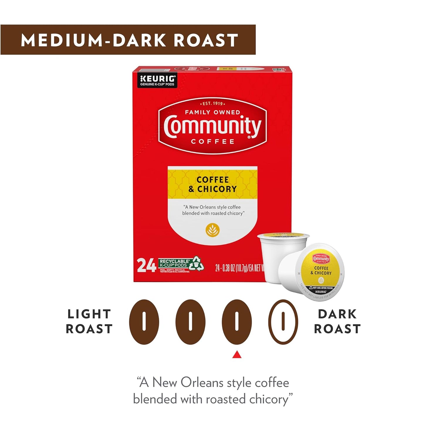 Community Coffee Coffee & Chicory 72 Count Coffee Pods, Medium-Dark Roast, Compatible with Keurig 2.0 K Cup Brewers, 72 Count (Pack of 1)