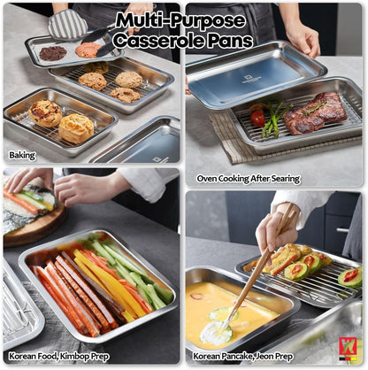 Stainless Steel Casserole Pan or Food Prep Container with Rack & Lid (Tray), 3.5Quarts, Buffet Party Pans, Roasting Pan with Rack, Bakeware, Roaster, Oven-safe, Freezer-friendly (1306 / No6)