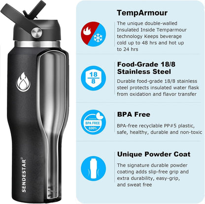 SENDESTAR 40oz Stainless Steel Water Bottle(Cold for 48 Hrs, Hot for 24 Hrs),Double Wall Vacuum Insulated Bottle with Straw Lid, Spout Lid and Flex Cap, Fit in Any Car Cup Holder,Black