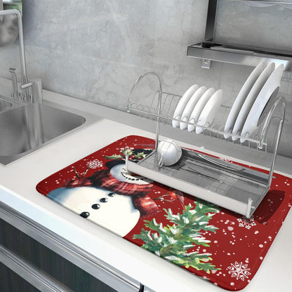 Let It Snow Winter Snowflake Red Dish Drying Mat for Kitchen Counter,Xmas Trees Snowman Cardinal Bird Drying Mat 18 x 24 Inch with High Absorbent Microfiber Drainer Mat for Coffee Bar