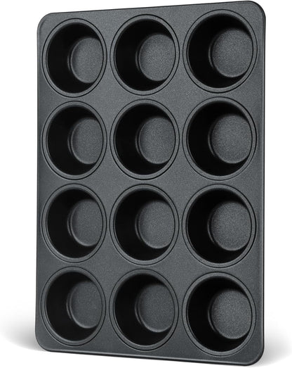 E-far Nonstick Muffin Pans 12 Cups, Stainless Steel Muffin Tin Cupcake Pan Tray for Baking, Stainless Steel Core & Non Toxic, Easy Release & Easy Clean, Black