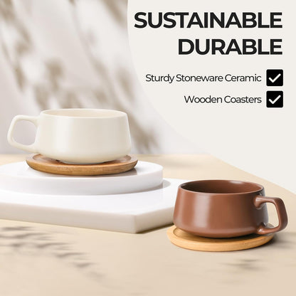 MIAMIO – 11 Oz., Set of 4 Ceramic Tea Cup and Saucer Bamboo/Tea Mug - Wide Cappuccino Cup, Coffee Cups Ceramic Mug for Cappuccino, Latte, Espresso & Americano - Luxe Collection (Beige Pastel)