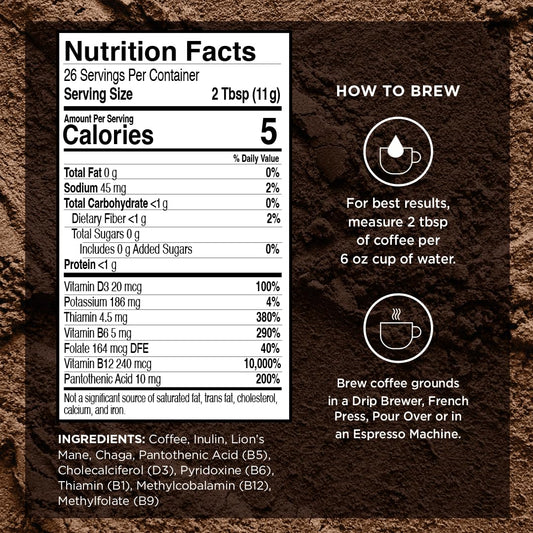 VitaCup Focus Mushroom Coffee Grounds, Vanilla Flavored Coffee with Lions Mane, Chaga, B Vitamins, D3, Boost Focus, Immunity, Memory & Clarity, Medium Dark Roast, 100% Arabica Specialty, 4 bags, 10oz each