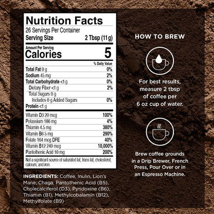VitaCup Focus Mushroom Coffee Grounds, Vanilla Flavored Coffee with Lions Mane, Chaga, B Vitamins, D3, Boost Focus, Immunity, Memory & Clarity, Medium Dark Roast, 100% Arabica Specialty, 2 bags, 10 oz each
