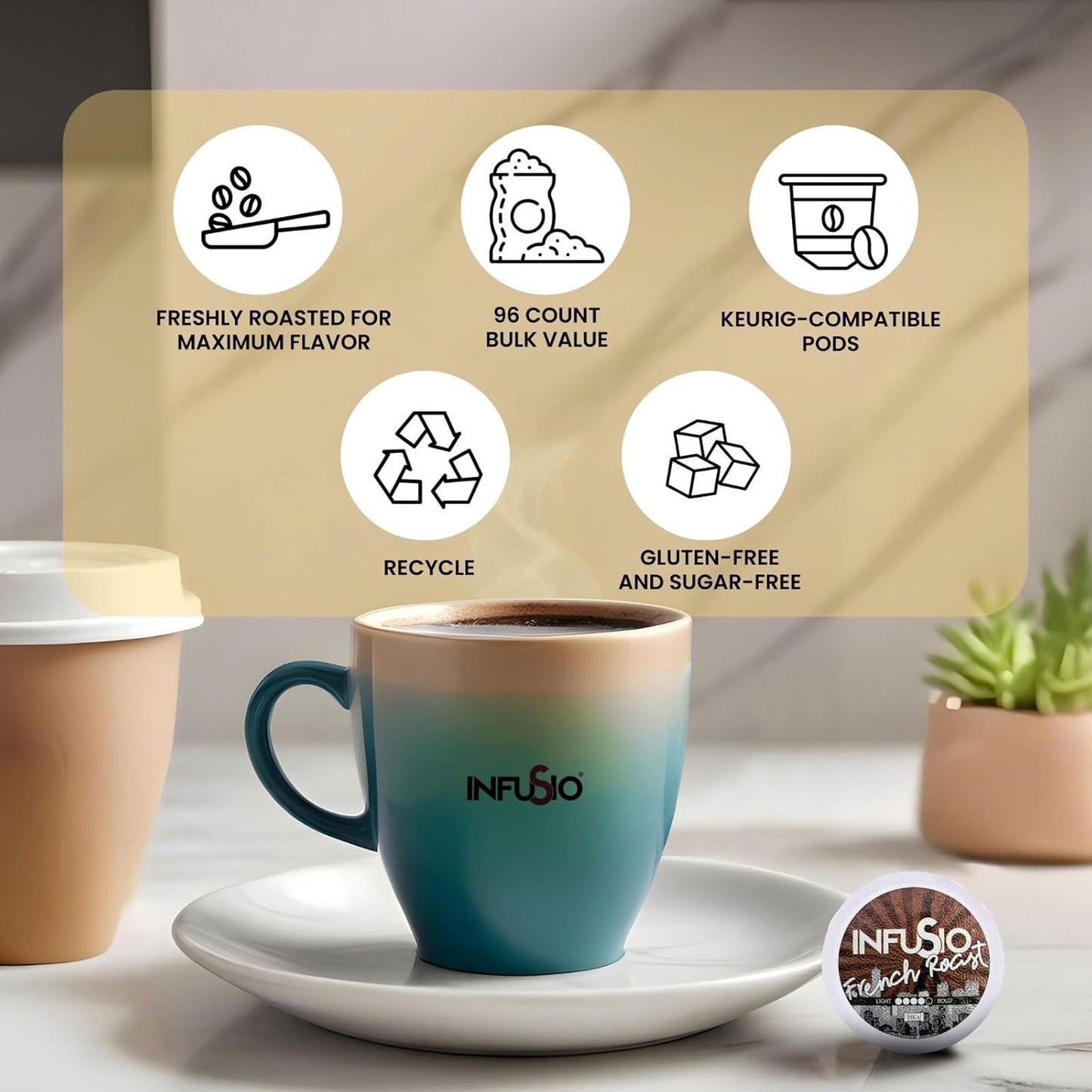 96 Count - French Roast, Single serve Coffee pods for Keurig K Cup® Brewers - InfuSio Premium Roasted Coffee (French Roast, 96 count Compatible with 2.0)……