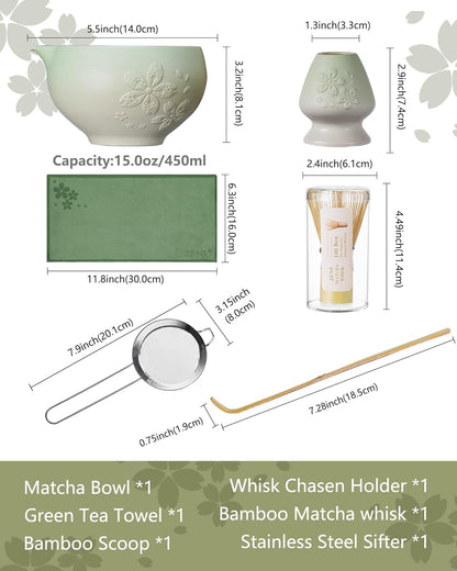 ZENS Matcha Whisk Set, Ceramic Matcha Tea Set with 15oz Sakura Bowl and Bamboo Whisk & Scoop, (Chasen Holder), Stainless Sifter-Tea Towel, 6pcs Matcha Kit for Matcha Lovers, Green