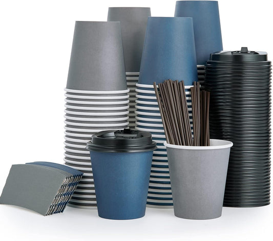 LITOPAK 100 Pack 10 oz Disposable Paper Coffee Cups with Lids, Sleeves and Stirring Sticks for Hot Coffee, Water or Juice, Blue and Gray Hot Paper Cups for Cafes, schools, offices, shops