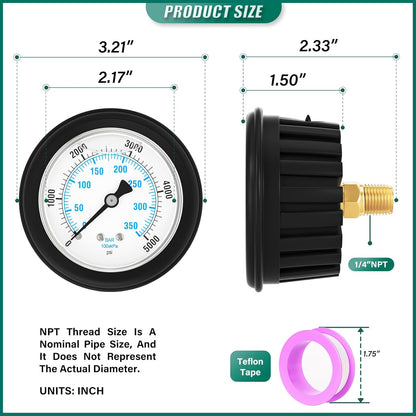 0-5000PSI Stainless Steel Liquid Filled Pressure Gauge, 2.5" Dial Size, 1/4" NPT Back Mount, with Rubber Protective Sleeve, for Tube, Water Pump, Gas, Liquid, Pressure Test