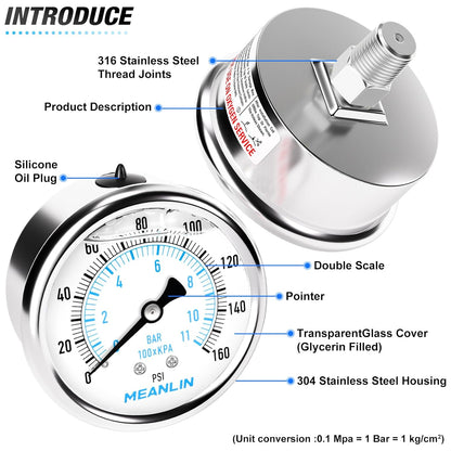 MEANLIN MEASURE 0~160Psi Liquid Filled Pressure Gauge Stainless Steel with 316 Stainless Steel Joint 1/4" NPT 2.5" FACE DIAL for Air Compressor RV Regulator Water Pressure Tester Center Back Mount