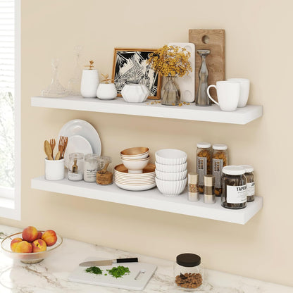 40 Inch Floating Shelves, 9.3" Deep Floating Shelf Wall Mounted, 40" Wall Shelves, Rustic Deep Bookshelf, Large Display Shelves & Storage Shelves for Bedroom, Living Room, White, Set of 2