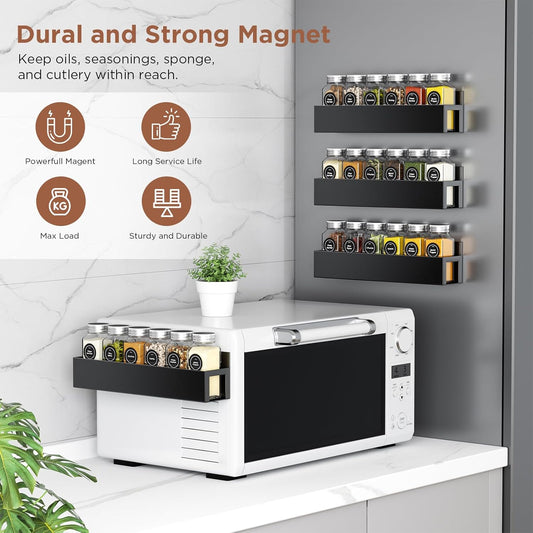 4 Pack Magnetic Spice Rack with 24 Spice Jars, Spice Labels, Chalk Marker and Funnel Set, Magnetic Spice Organizer Shelf for Refrigerator, Microwave, Seasoning Organizer for Kitchen
