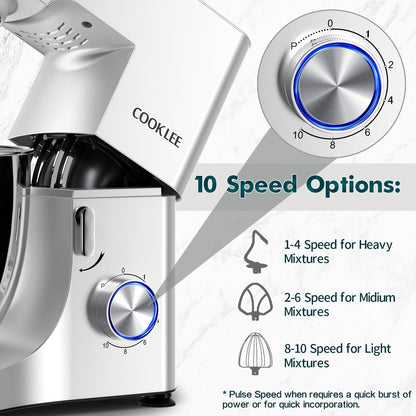COOKLEE Stand Mixer, 9.5 Qt. 660W 10-Speed Electric Kitchen Mixer with Dishwasher-Safe Dough Hooks, Flat Beaters, Wire Whip & Pouring Shield Attachments for Most Home Cooks, Silver