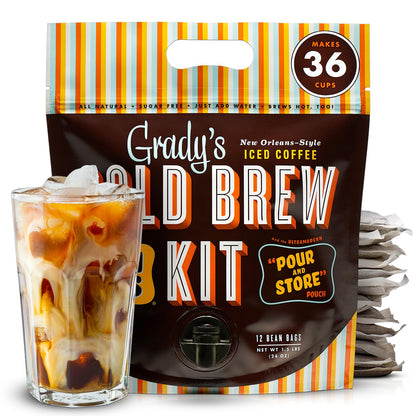 GRADY'S COLD BREW, French Vanilla, 100% Arabica Ground Coffee & Chicory Pouches, All-in-One Cold Brew Kit with 12 Easy-to-Brew Bags, Makes 36 Drinks