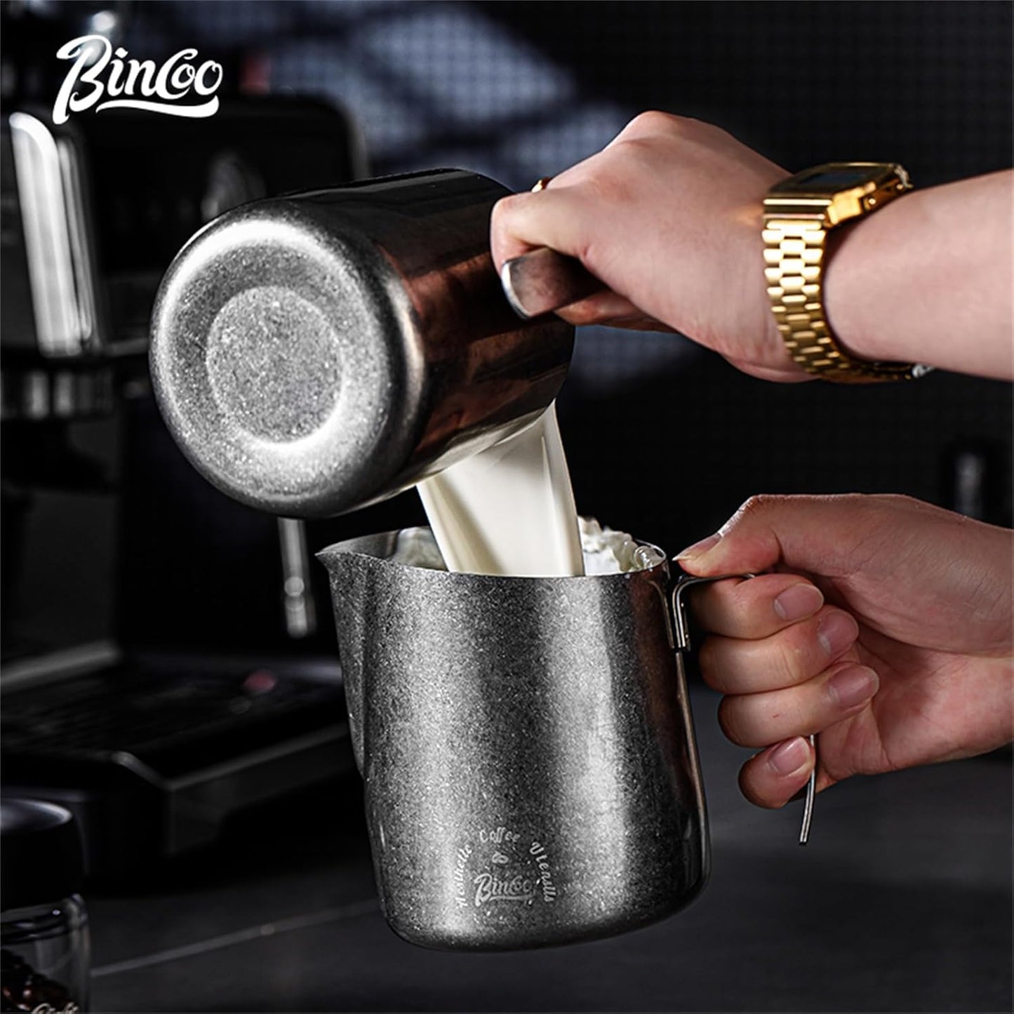 Bincoo Milk Frother Pitcher 750ml (25oz) - Stainless Steel Barista Milk Frothing Cup with Ice Crystals Design - Professional Espresso & Cappuccino Accessories for Coffee Machine,Latte Art
