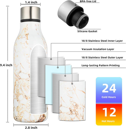 BJPKPK Insulated Water Bottles, 18 oz Stainless Steel Metal Water Bottle with Strap, BPA Free Leak Proof Thermos, Mugs, Flasks, Reusable Water Bottle for Sports & Travel, Marble-Amber